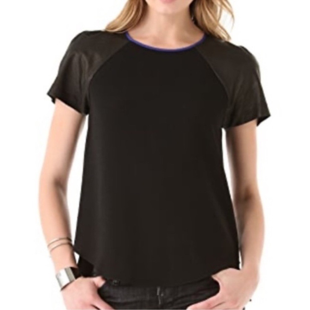 Rebecca Taylor Perforated Leather‎ Sleeve Top Women 4 Black